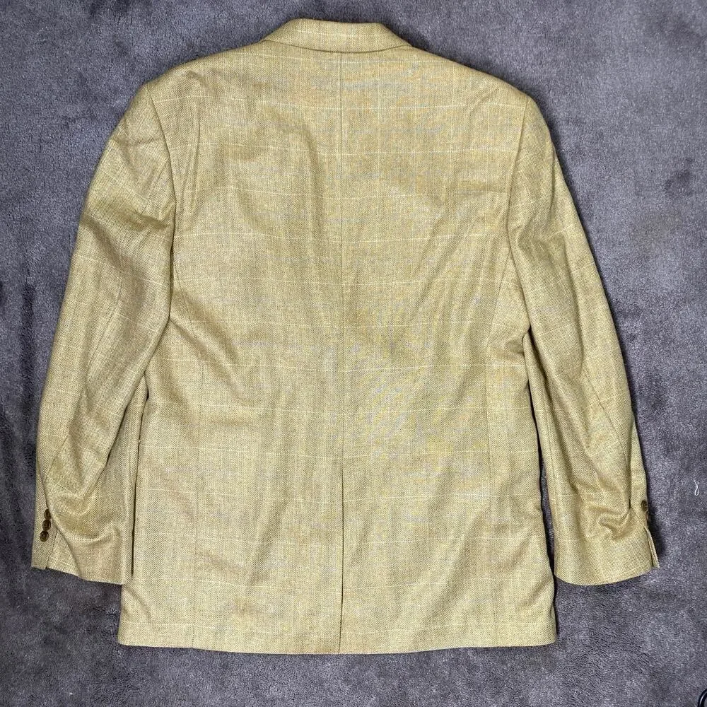 Lands' End Men 44 LONG 100% Silk Herringbone British Tan Aqua White Check Blazer